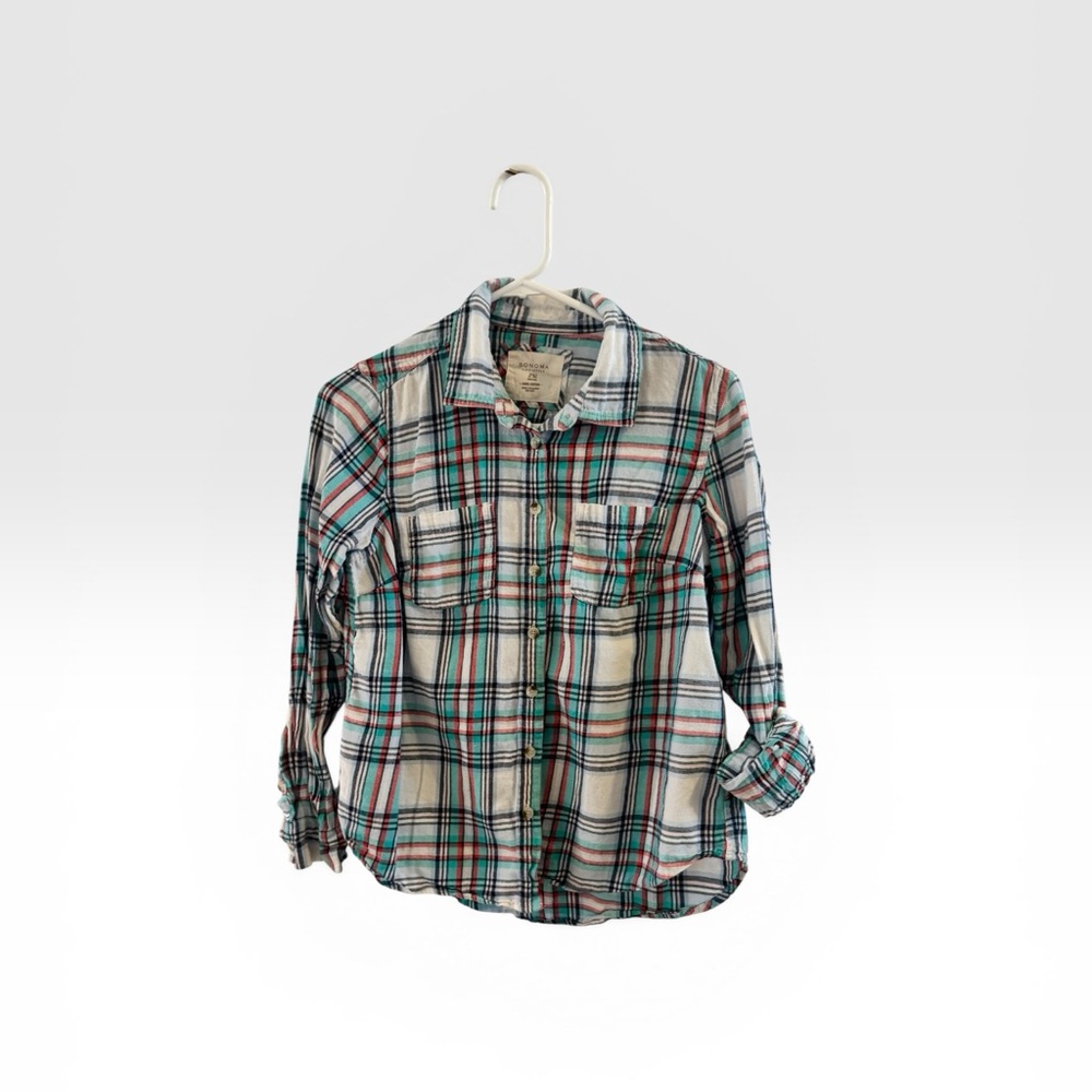 Sonoma Plaid Button-Up Shirt in Cream, Teal & Coral